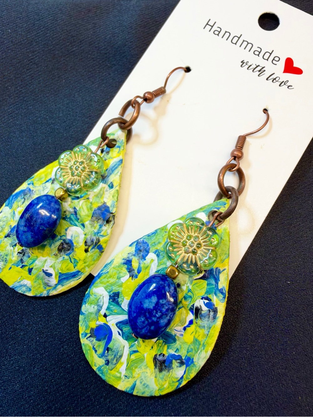 Handmade Teardrop Abstract Painted Leather w/ Lapis Earrings